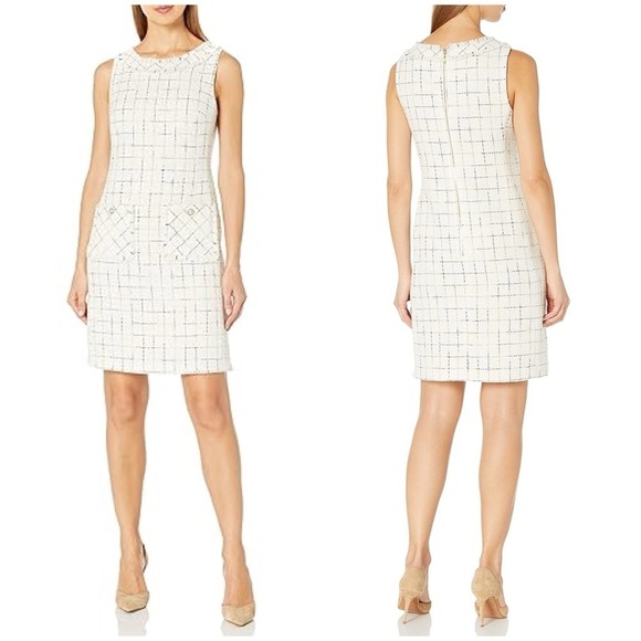 Karl Lagerfeld Paris Scoop Neck Tweed Shift Dress Plaid Checkered Cream Sz 2 - Picture 1 of 14